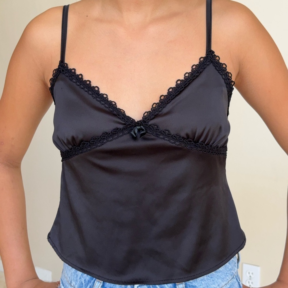 Edikted Black Satin Cami with Lace Detail